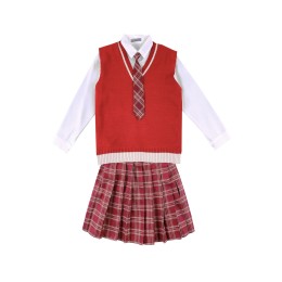 設計酒紅色毛衣背心+襯衫 格子裙套裝        訂製女裝英倫校服套裝     滌綸     學院風校服套裝生產商   SSU-009 設計酒紅色毛衣背心+襯衫 格子裙套裝        訂製女裝英倫校服套裝     滌綸     學院風校服套裝生產商   SSU-009